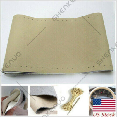 Genuine Leather Auto Car Steering Wheel Cover With Needles and Thread Beige US