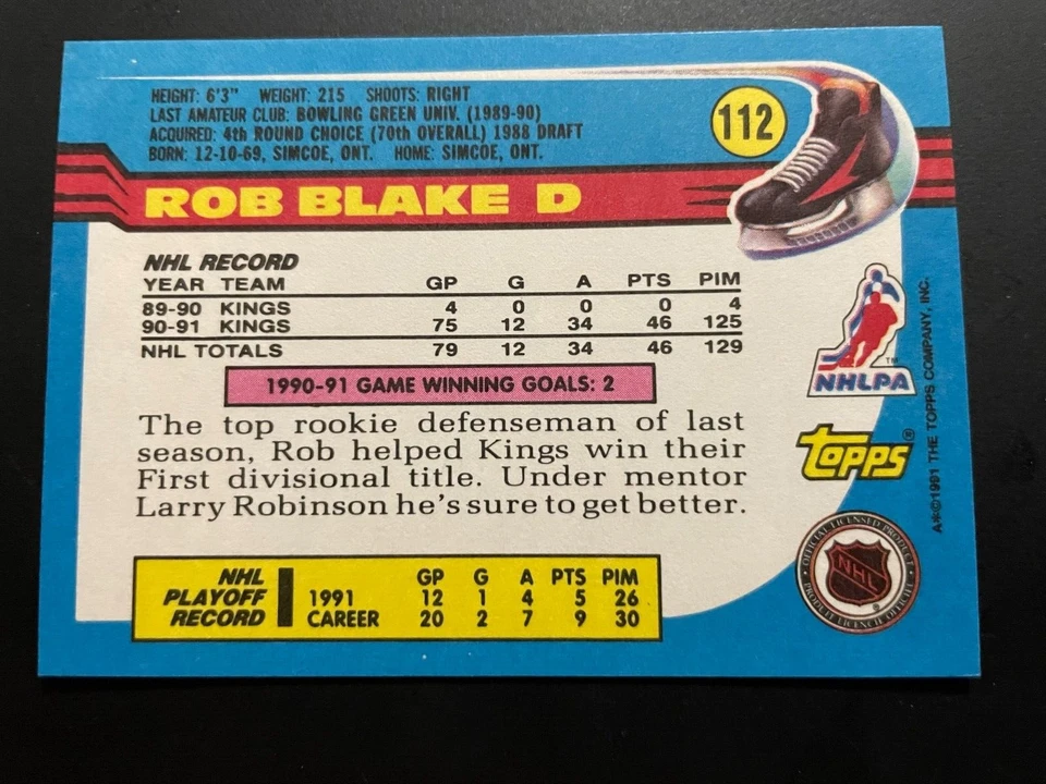Rob BLAKE 1991-92 Topps #112 Los Angeles Kings - Image 2 of 2