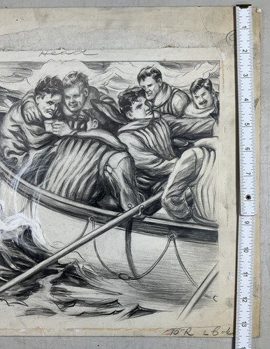 Ilustración Arte De Colección Dibujo Original Hombres En Bote Salvavidas Perdido En Mar Tormentoso - Imagen 10 de 10