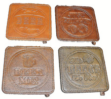 4 Faux Leather Absorbent Square 3.5"x3.5" Drink Coasters BEER THEME Barware S18