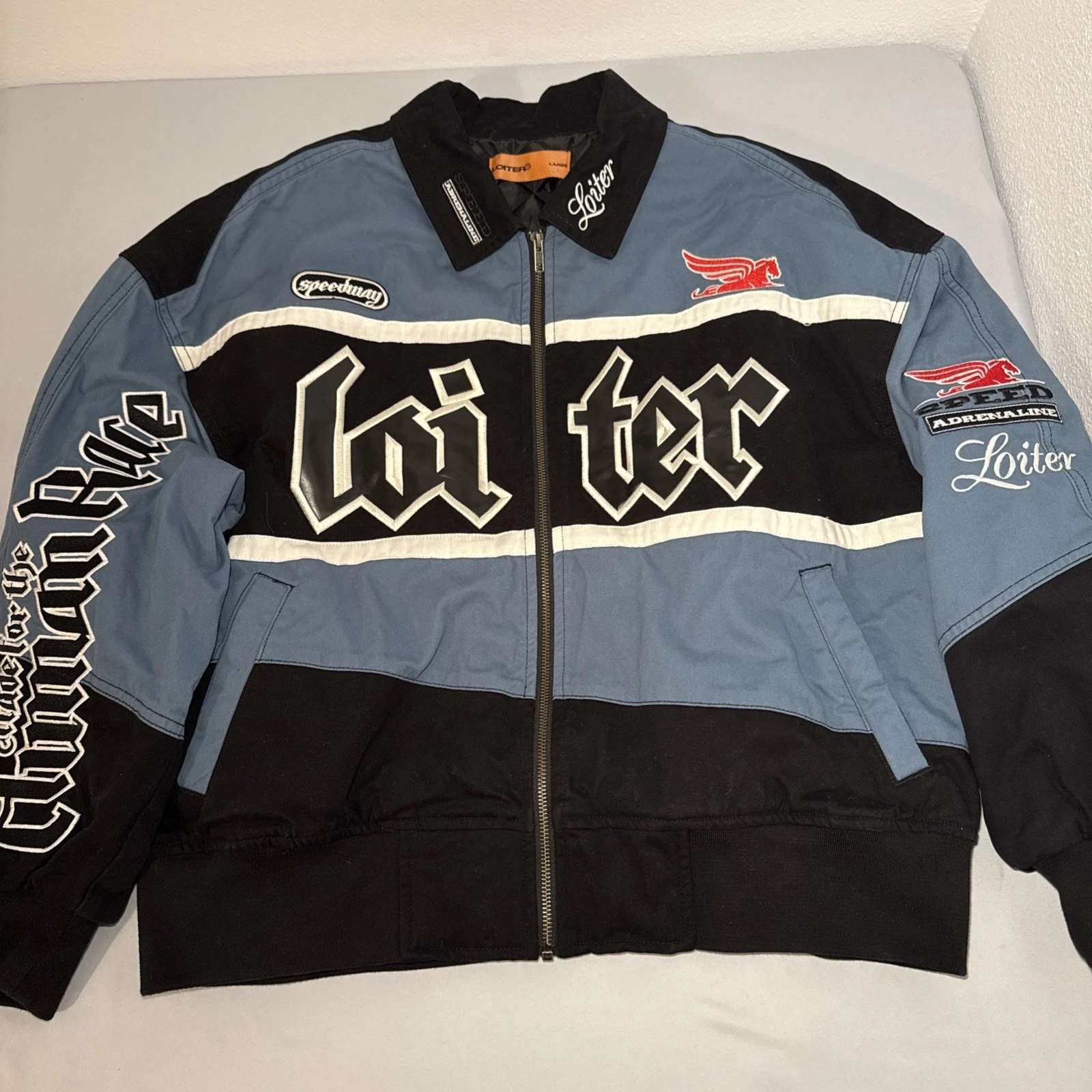 Loiter Racing Jacket Mens Large Bomber Streetwear Patch Adrenaline Blue & Black
