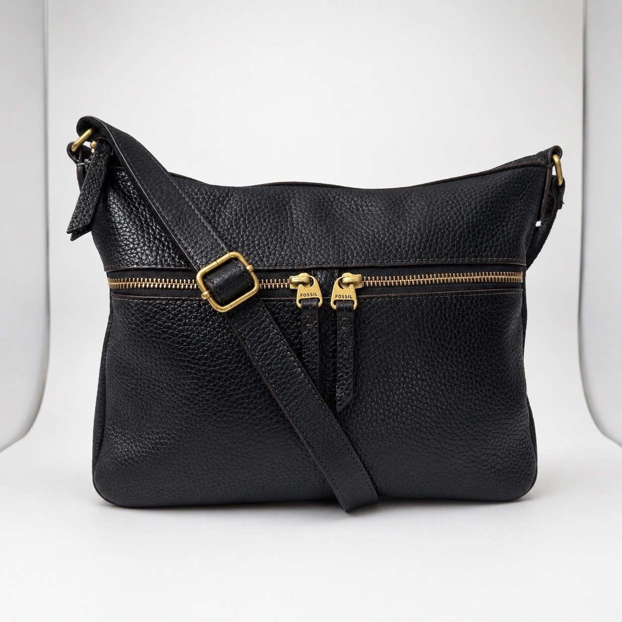Fossil Elise Black Pebbled Leather Crossbody Double Zip Shoulder Bag