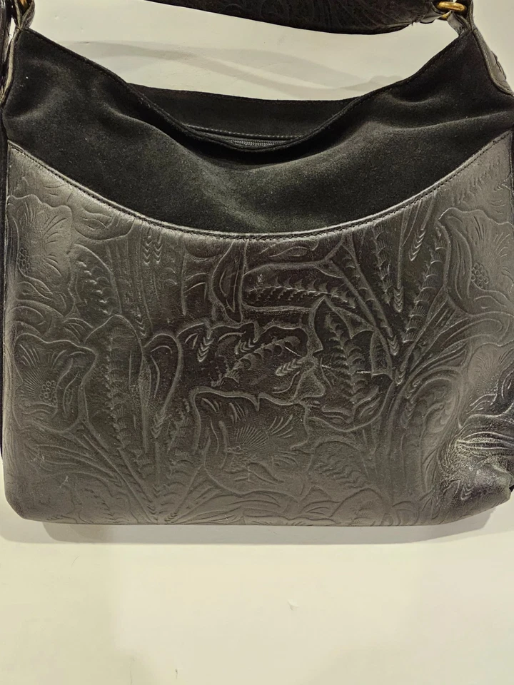 MAXX New York Floral Black Embossed Leather Purse Brown Plaid Lined STUNNING - Image 4 of 4