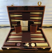Vintage Backgammon Set 15x10 Brown Carrying Case Complete Dice Cups Checkers
