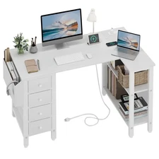 White L Shaped Computer Desk with Drawers & Storage Shelves, 47 Inch Corner R...