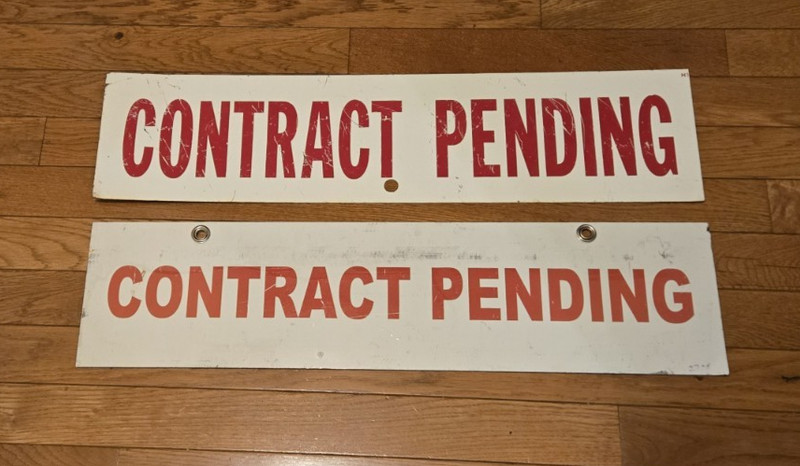 Two (2) Realtor Metal "Contract Pending" dbl sided signs used 24" x 6" Red/White