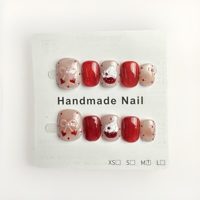 Press-On Nails Cherry Red & Cream Ribbon Short Round handmade