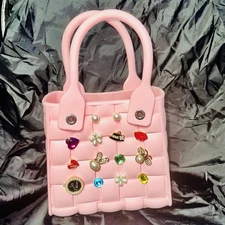 ONE OF A KIND Pink Woven Plastic Mini Tote Bag Custom Charms Y2K Purse