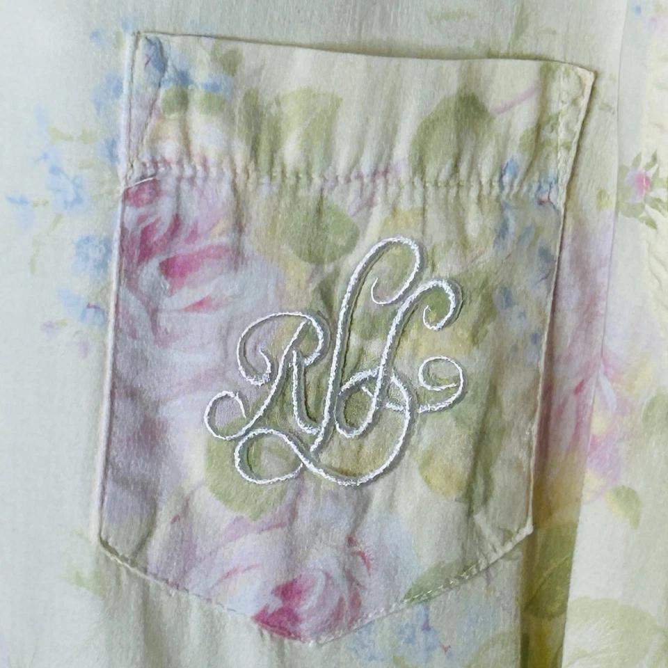 Camisa de noche Lauren Ralph Lauren L/XL amarilla floral algodón monograma casa de campo Foto 3 de 4