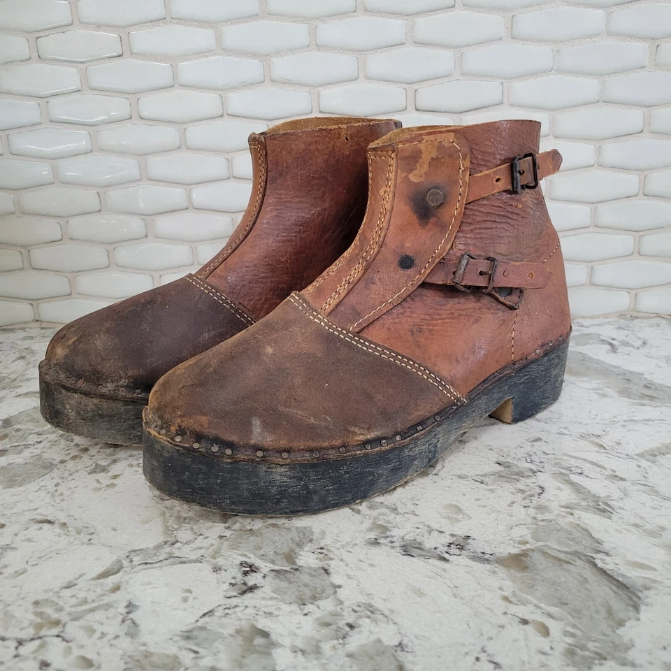 Botas de Trabajo Vintage Suela de Madera y Cuero Corte Bajo Doble Hebilla Talla 10 Foto 3 de 4