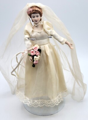 Doll House Bisque Porcelain Bride Lady Victorian Dress Veil Pink Rose Bouquet