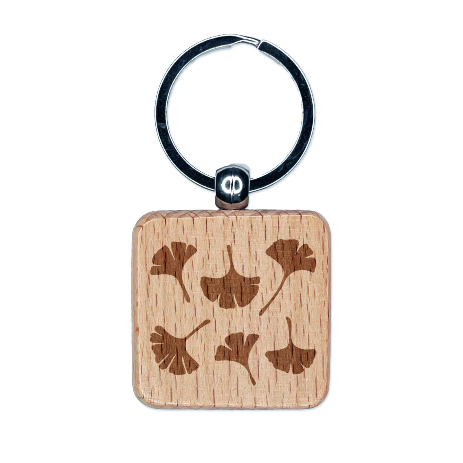 Gingko Leaves Engraved Wood Square Keychain Tag Charm