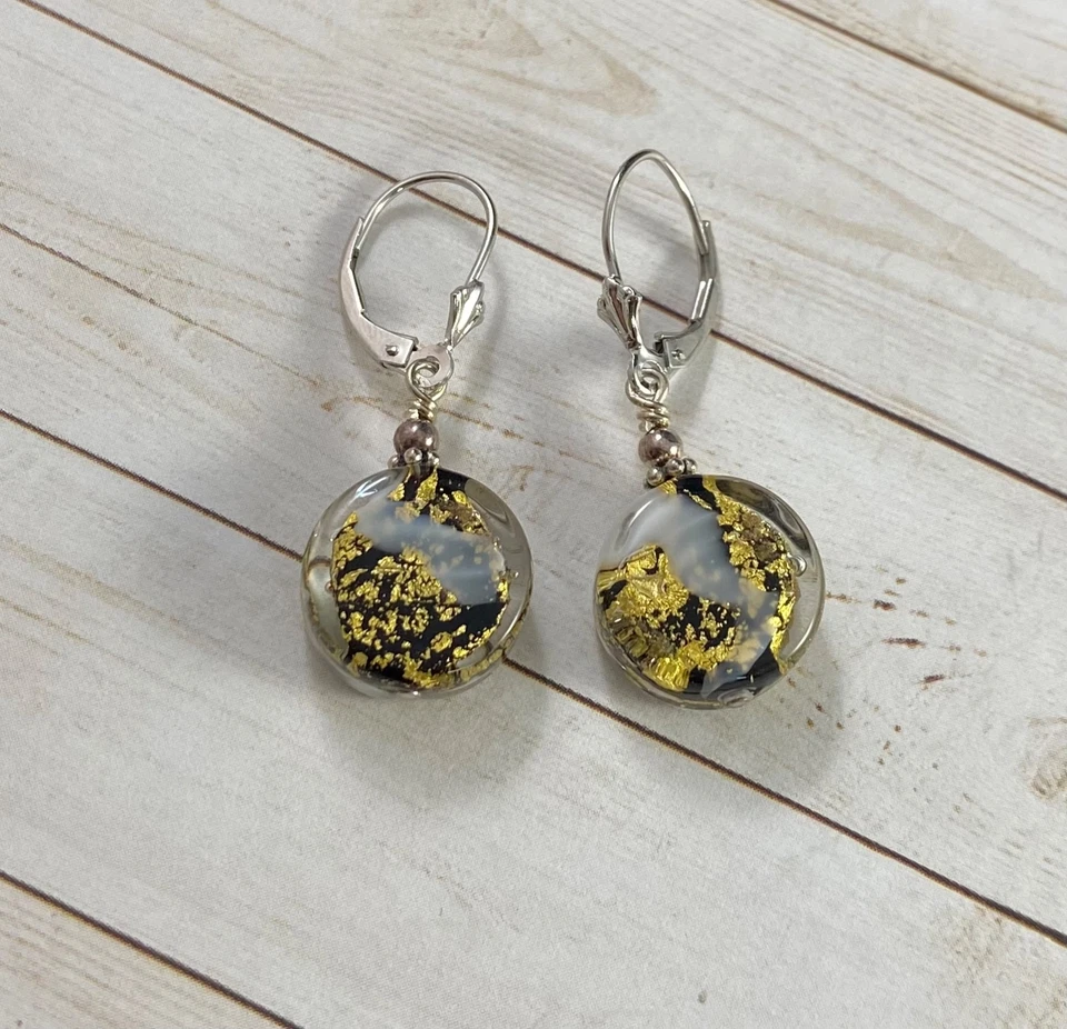 925 Earrings Gold Fleck Confetti Glass Earrings Round Dangle Leverback - Image 3 of 4