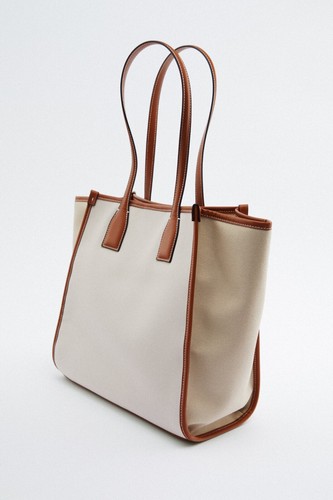 Zara Canvas Fabric Shopper Shoulder TOTE Bag NEW with TAGS & BAG COVER - Picture 2 of 10