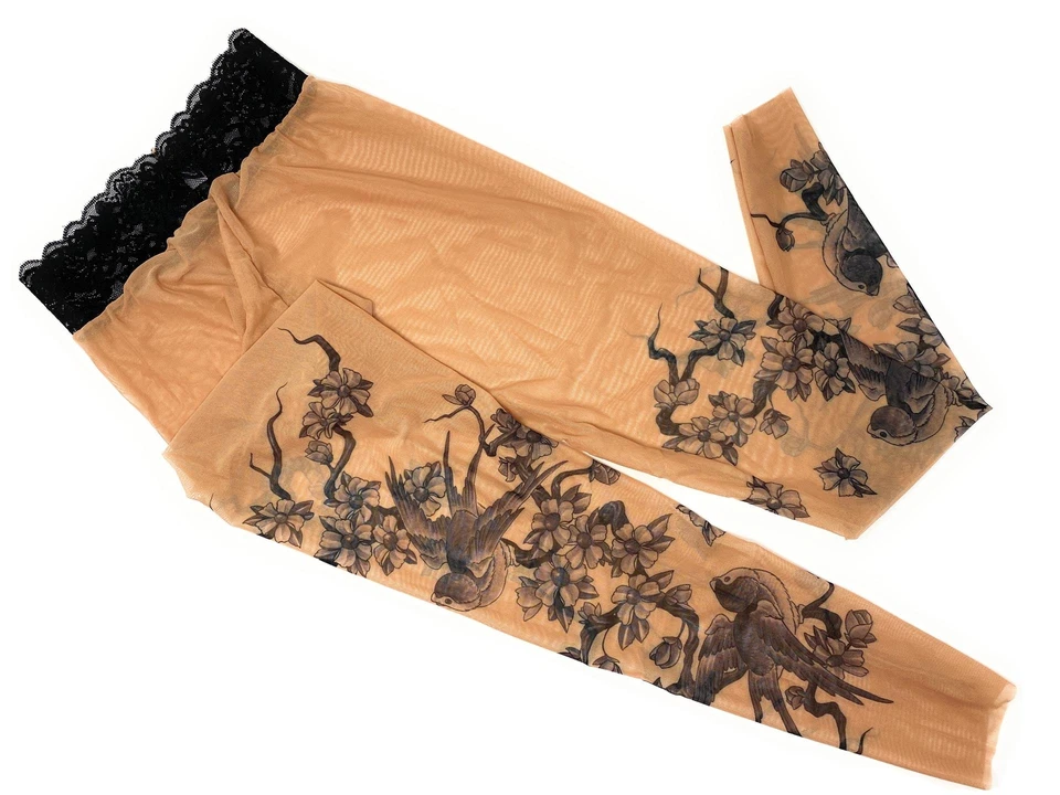 Leggings tatuaje pájaros grises Wild Rose para damas gorriones de malla tostada Irezumi japonés Foto 4 de 4