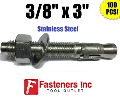 (QTY 100) 3/8'' x 3'' Concrete Wedge Anchor Stainless Steel Grade 304 3/8-16 X 3''
