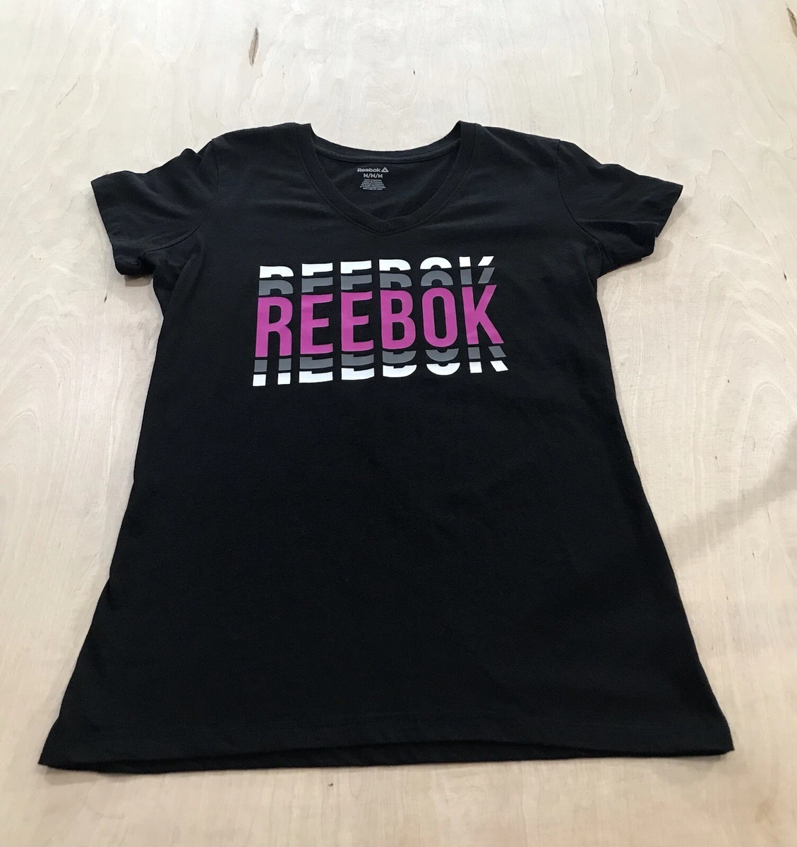 Womens Black Size M Reebok Logo Athletic Wear T-shirt Yoga Athleisure Sports