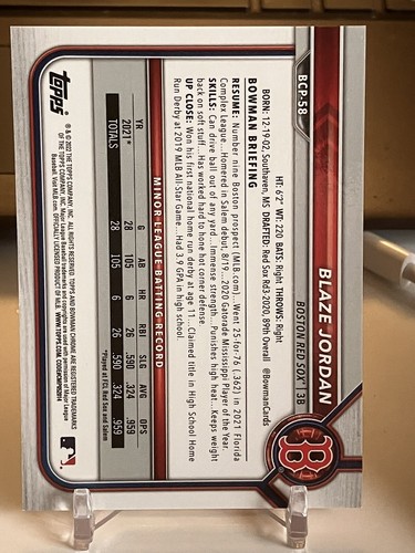 Blaze Jordan /199 Fuchsia Mega Mojo Refractor 2022 Bowman Chrome Boston Red Sox - Picture 2 of 2