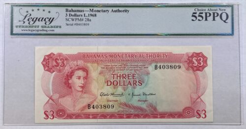 Billete de 3 dólares 1968 de la Autoridad Monetaria de las Bahamas #28a heredado chAbtNew 55PPQ - Imagen 1 de 2