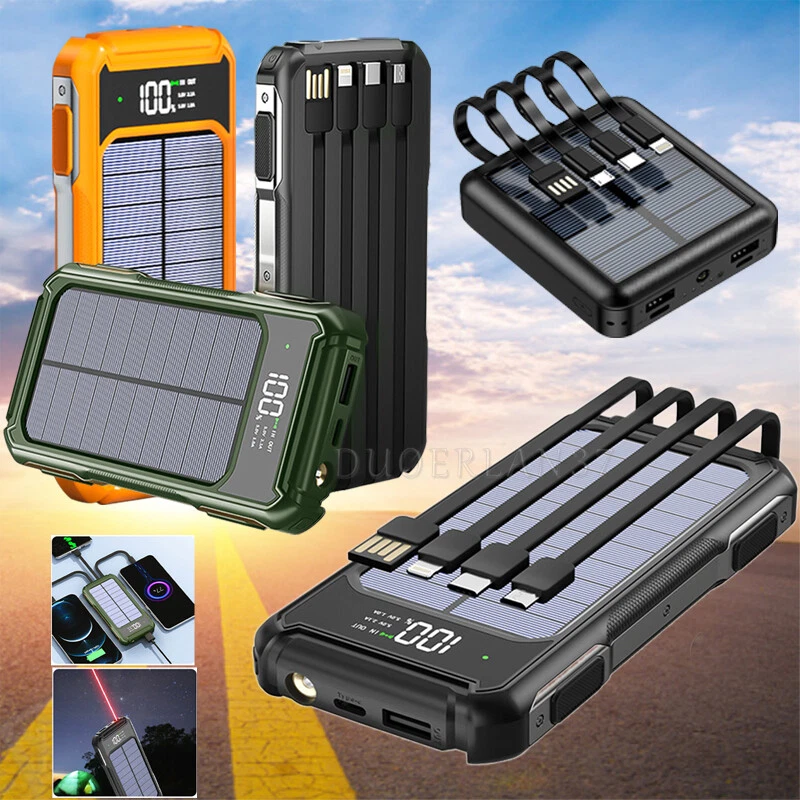 USB Cargador Portatil 40000 mah Solar Bateria luz láser 4 Cables Para  Celular