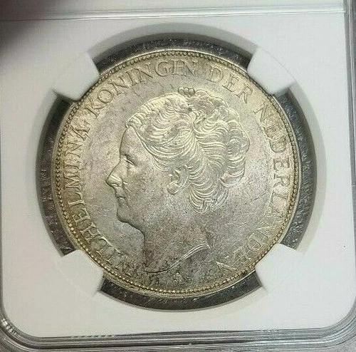 1932 NETHERLANDS SILVER 2.5 GULDEN WILHELMINA I NORMAL HAIR LINES NGC AU 58