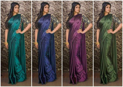 satin plain saree with designer blouse