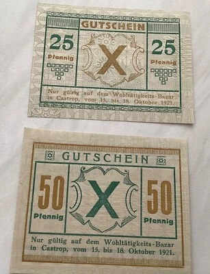 Castrop/NRW Notgeld Scheine 25-50 Pf. , 1921- kassenfrisch-seltene Ausgaben! - Bild 1 von 2