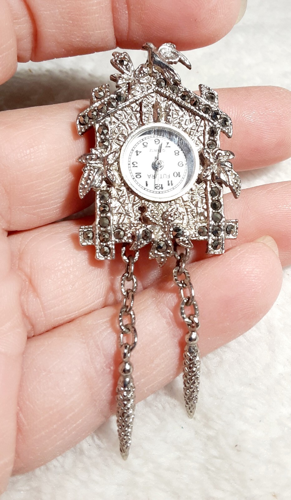 BEAUTIFUL Vintage Futura Silver Tone Marcasite Cuckoo Clock Watch