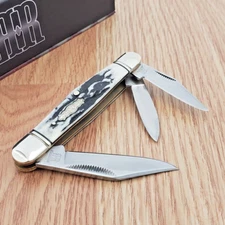 Rough Ryder Whittler Pocket Knife Stainless Steel Blades Black Stag Bone Handle