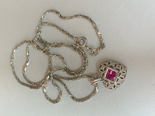 14K WHITE GOLD GENUINE RUBY DIAMOND HEART PENDANT NECKLACE WITH CHAIN