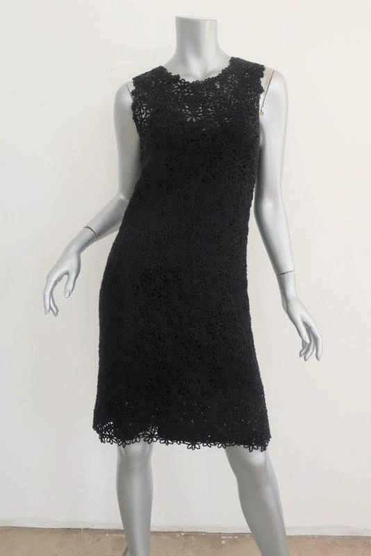 Oscar de la Renta Dress Black Sequined Crochet Lace Size Small Sleeveless LBD - Image 2 of 4