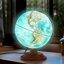 Illuminated Globe of the World with Wooden Stand, 8'' World Globe for Kids & Adu