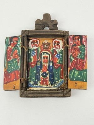Ethiopian Christian Art Triptych Carved Wood Hand Painted 3 Wise Men & Angels