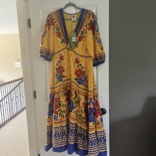 Farm Rio maxi dress size M yellow floral boho chiffon long sleeve ruffled lined