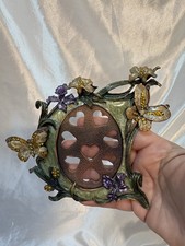 Vtg Picture Frame Enamel Rhinestones Floral Butterfly Easel back Oval 3 x 2.5
