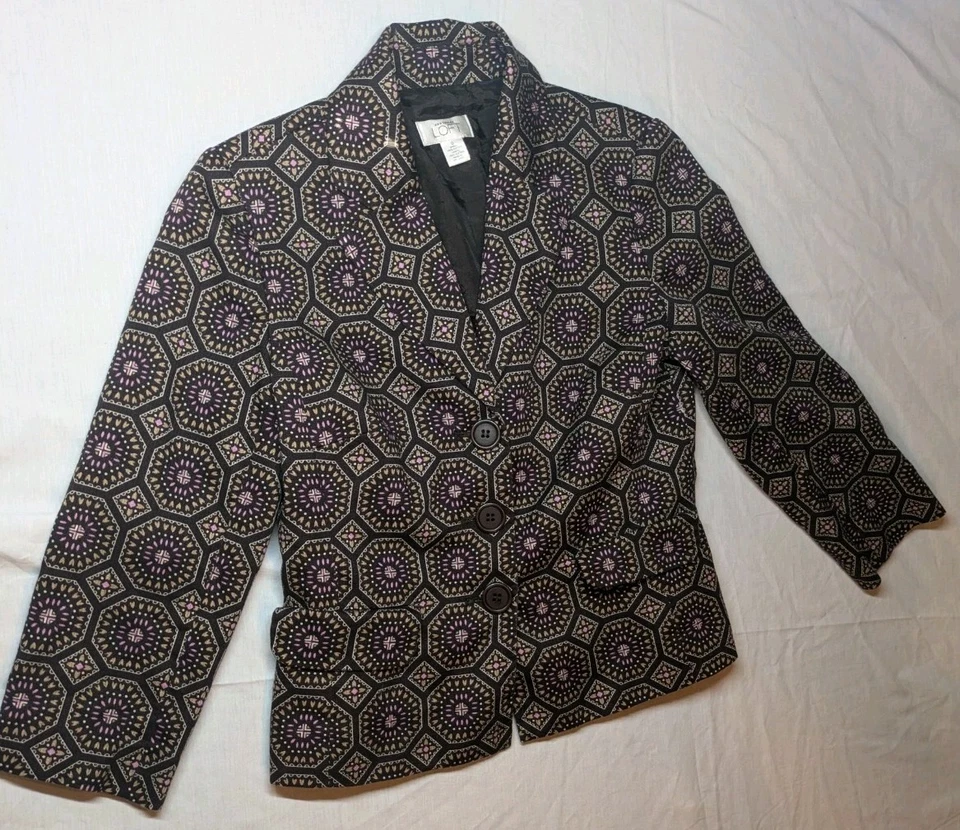 Blazer Ann Taylor LOFT Mujer Talla 0 Marrón Patrón Geométrico de Pecho Único Foto 2 de 4