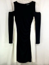 Lauren Ralph Lauren Dress Black White Ruched Left Side Cold Shoulder Womens 10