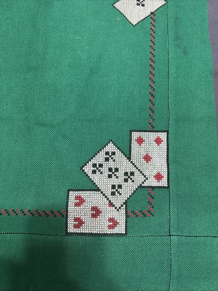 Vintage Poker Card Table Cover Green With Hand Stitched Playing Cards 38x38 - Image 4 of 4