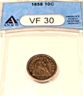 1858 SEATED LIBERTY DIME ANACS VF30
