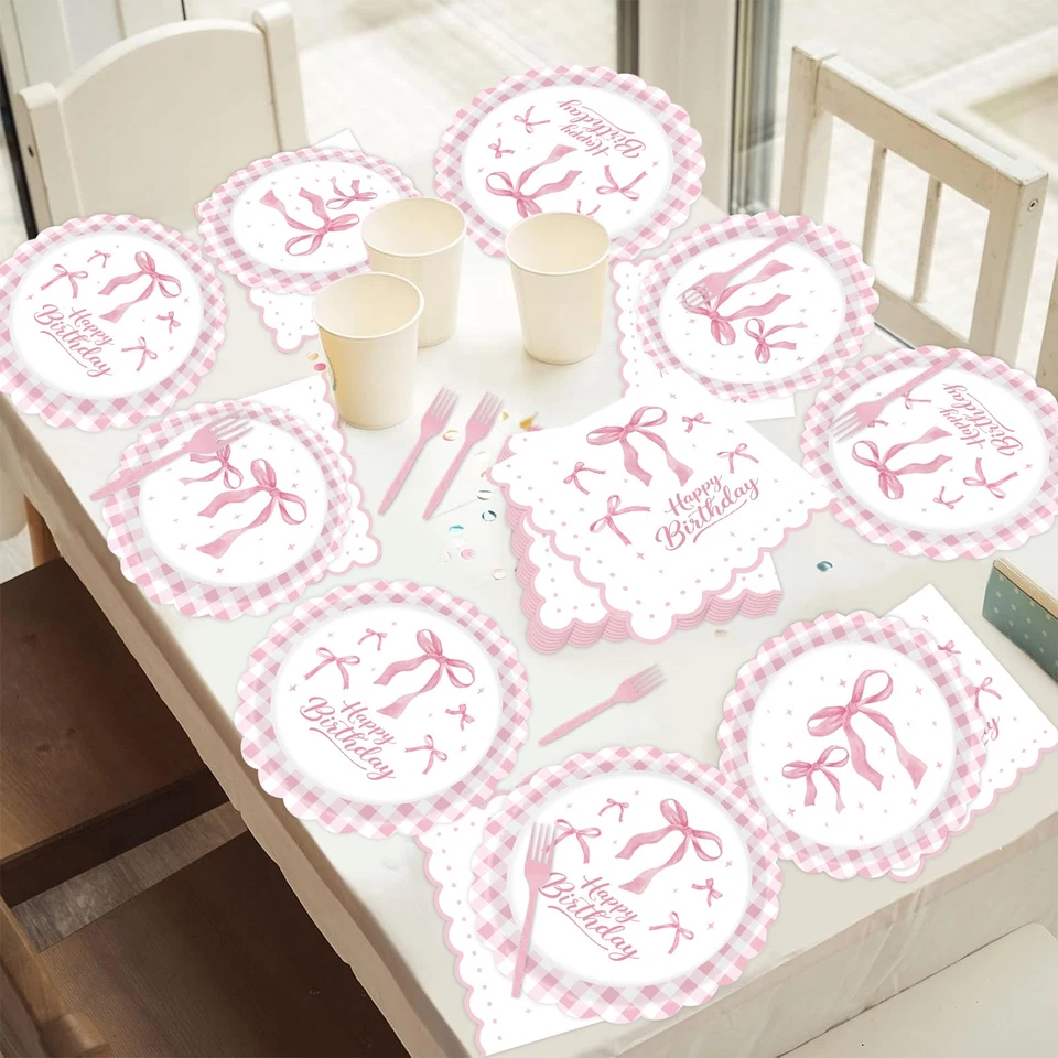Pink Bowknot Party Disposable Paper Plate Paper Towel Set Supply for 20 Guest US - Image 4 of 4