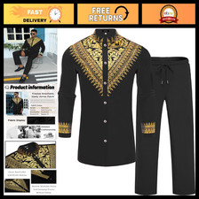 Men's African 2-Piece Metallic Suit Set - Gold Printed Dashiki Shirt & Pants Out