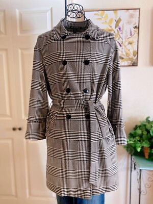 Zara Trf Outwear Black And White Houndstooth Tweed Fringe Long