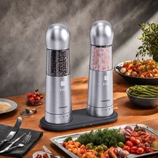 Electric Salt and Pepper Grinder Set with Dual Charging Station, Stainless Steel