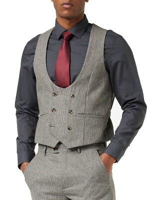 Men’s Houndstooth Double Breasted Waistcoat Wool Blend Tweed Check Tailored  Fit UK