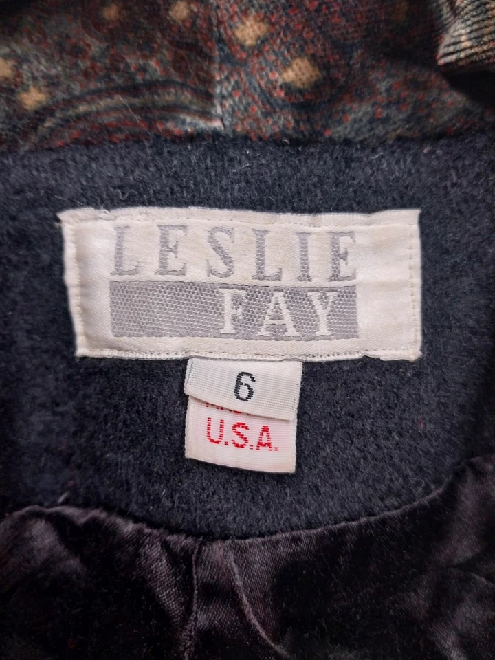 Abrigo De Colección Leslie Fay Frente Abierto Para Mujer 6 Negro Cuello Paisley Hecho en EE. UU. Foto 4 de 4