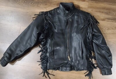 Authentic Harley Davidson Leather Biker Jacket Fringe Womens 36 / 8 Black 