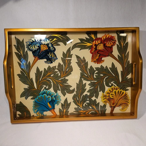 Edmundo Contreras Floral Antiquity Tray Reverse Painted Glass Signed 16.5"L Peru