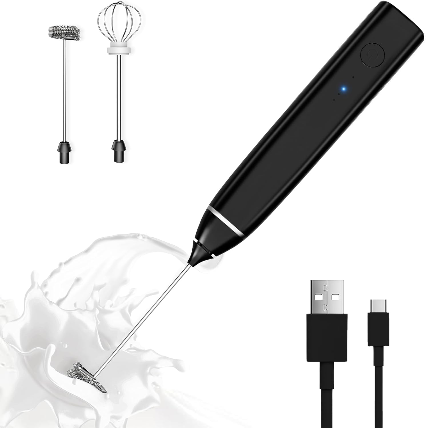 Milk Frother Rechargeable Handheld Electric Whisk Coffee Frother Mixer with 2 St-image