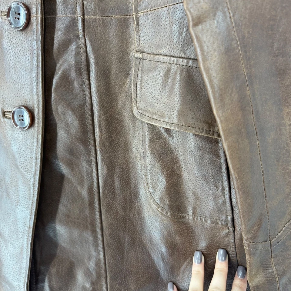 Abrigo A.N.A Vintage Marrón Chocolate Cuero Genuino Botón Delantero Largo Medio Talla M Foto 3 de 4