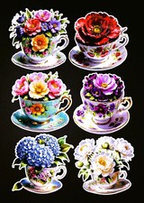 Beautiful DIE CUT CARD TOPPERS Cup & Saucer Flowers Cardmaking Scrapbooking